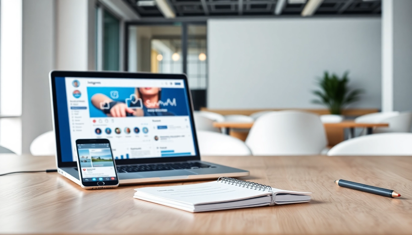 Visualize a professional setup featuring an Instagram smm panel on a sleek laptop, emphasizing digital marketing effectiveness.