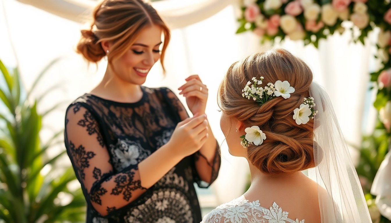 Enhancing bride's beauty as a destination wedding hair stylist with elegant floral updo.