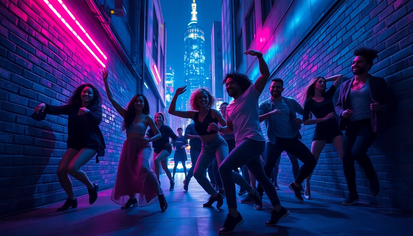 Experience the excitement of a Thriller dance performance set against a vibrant urban backdrop.
