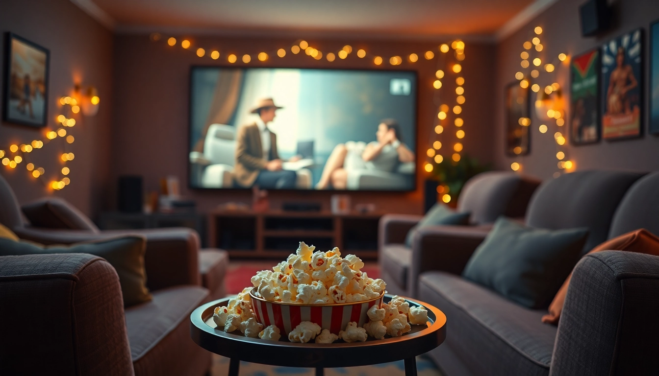 Enjoy ดูหนังออนไลน์ in a cozy home theater setting with a warm ambiance and popcorn.