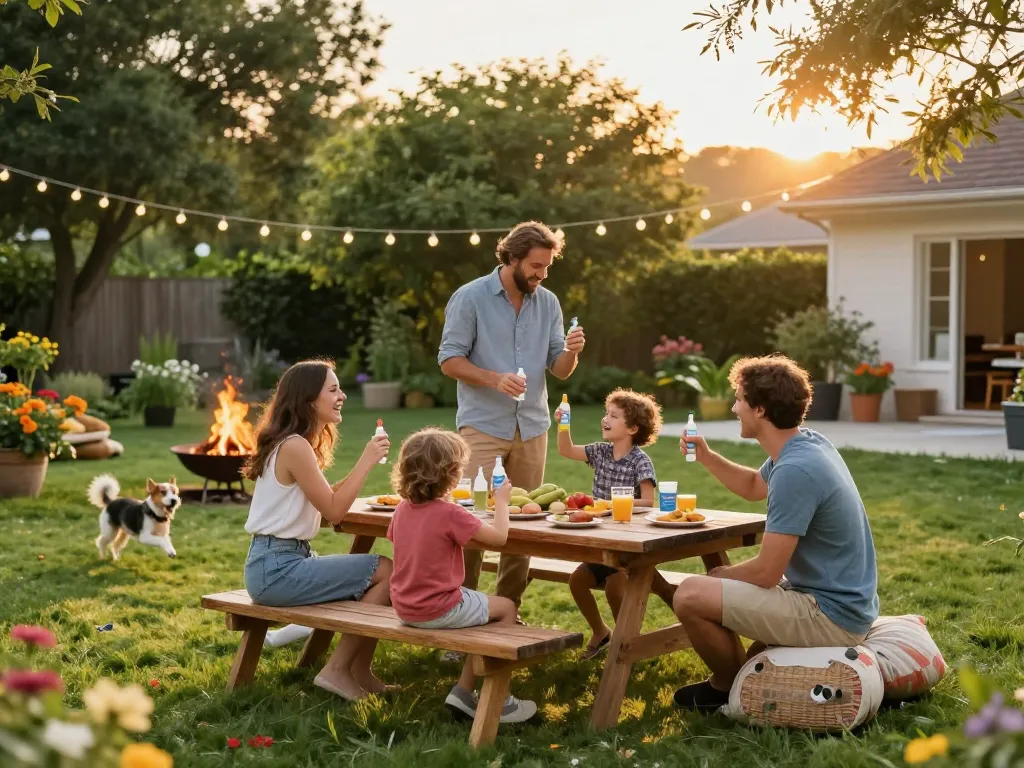 Family applying Best Mosquito Repellent during summer barbecue in a vibrant backyard.