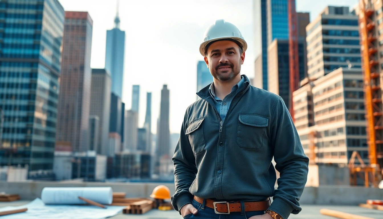 A New York City General Contractor showcases expertise on a bustling construction site amidst iconic city buildings.