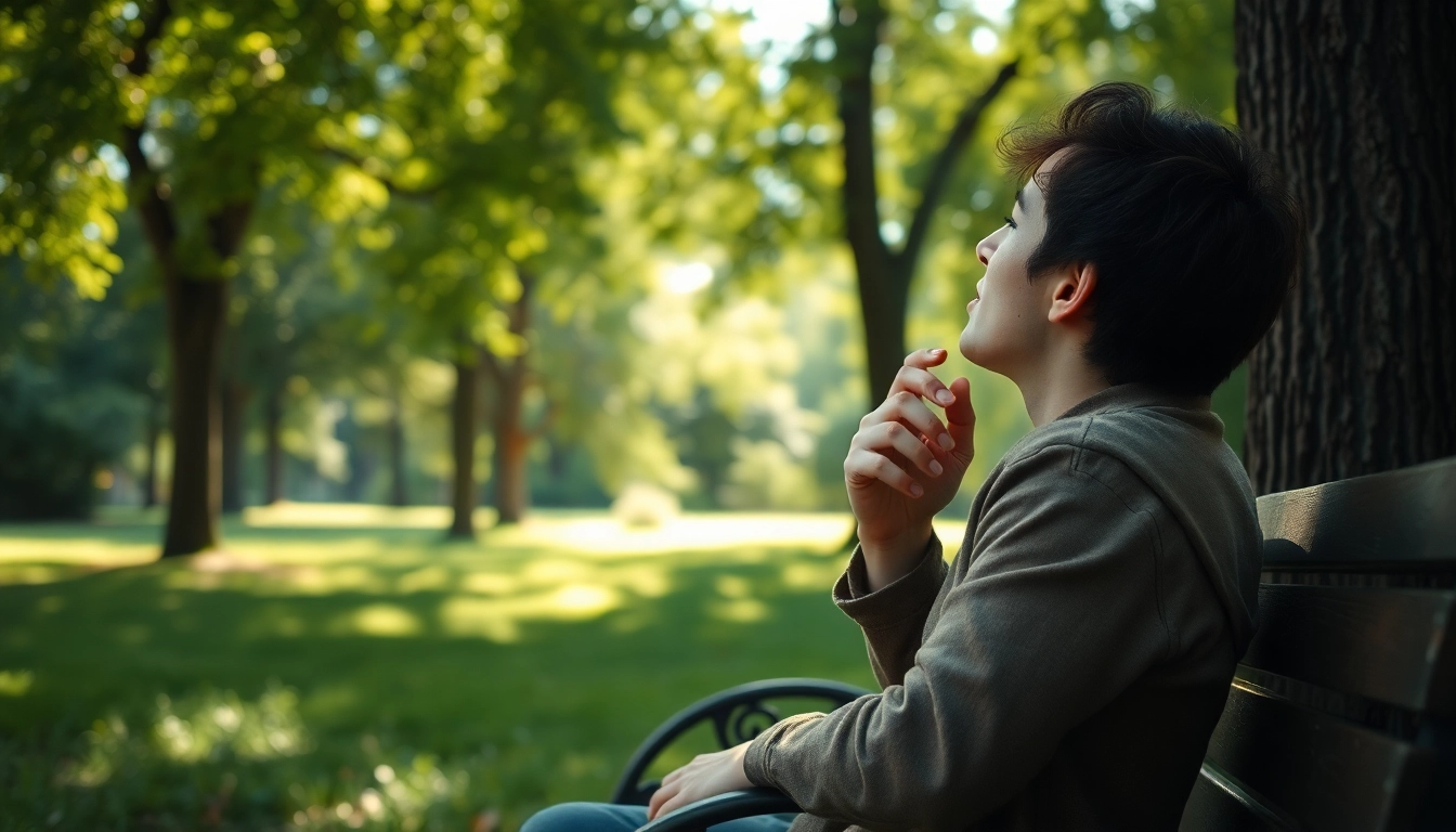 Individual finding peace in a park as life in a Break Down weighs on them, surrounded by nature.