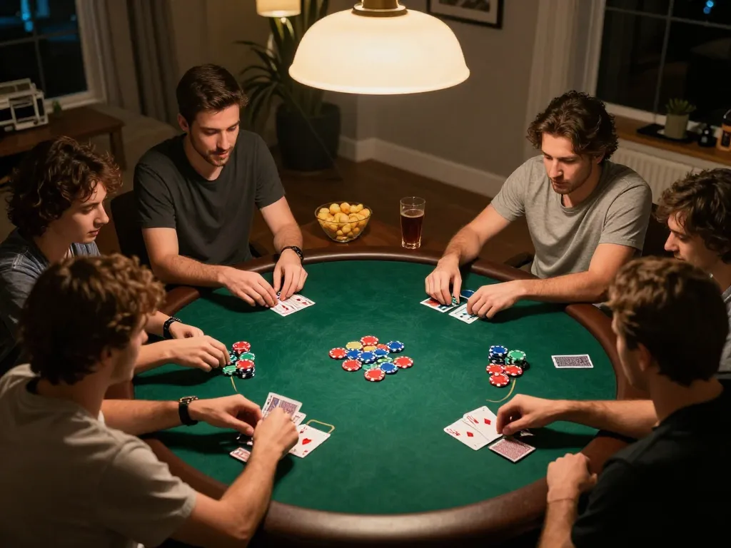 Friends celebrate and strategize poker gameplay at home, showcasing u888 gaming excitement.