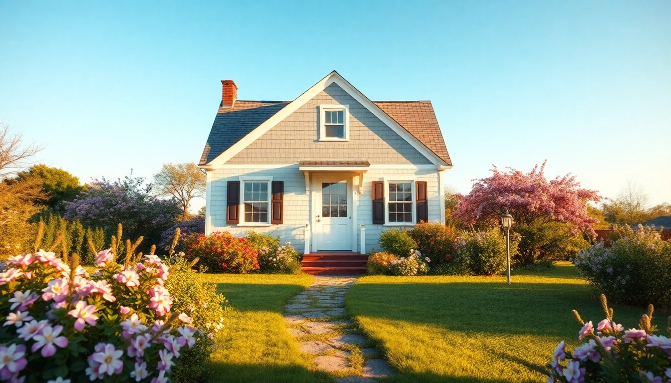 Welcoming cape cod home with beautiful garden and warm lighting.