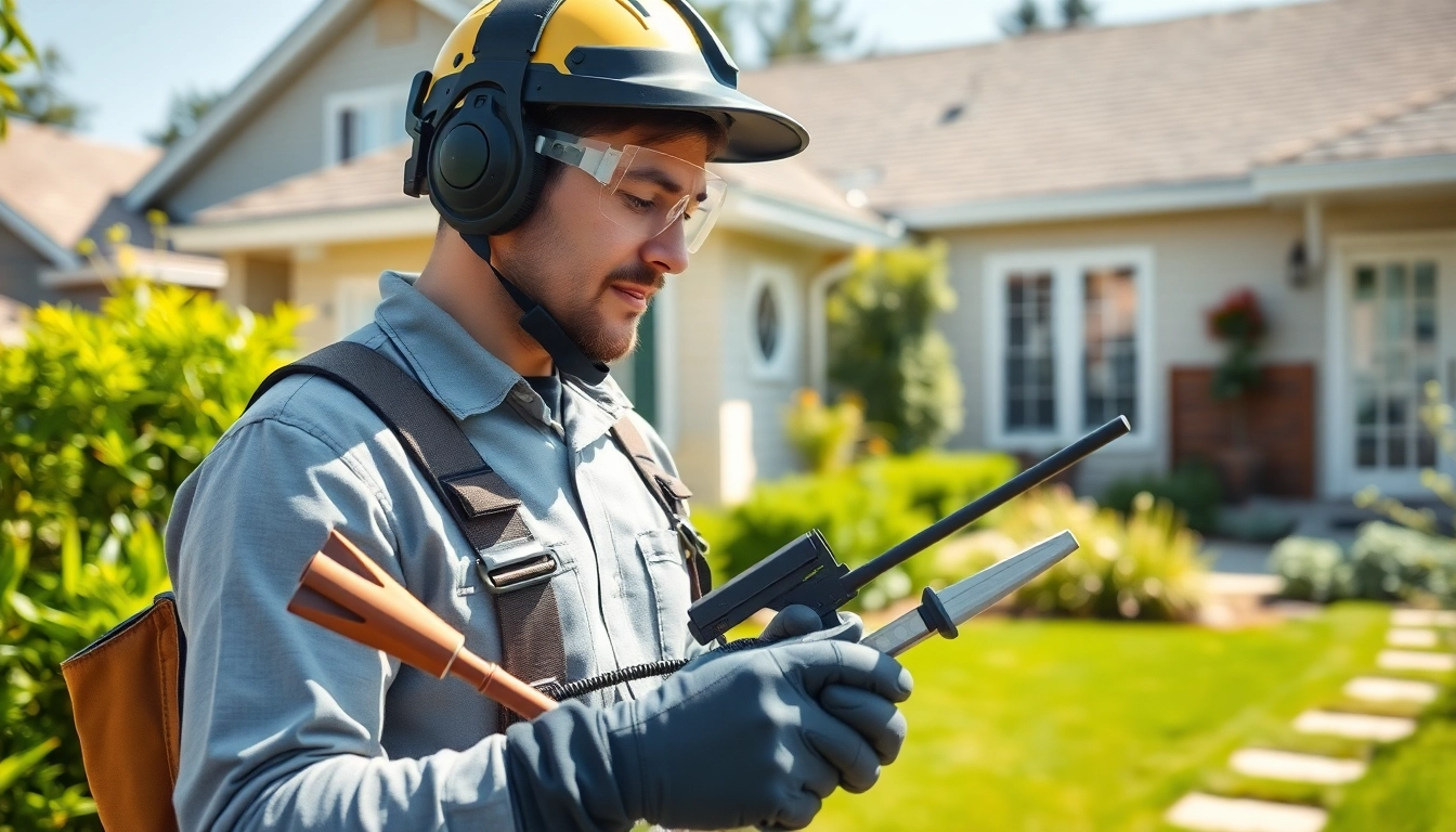 Engaged technician providing trusted insect control service while inspecting a residential backyard.