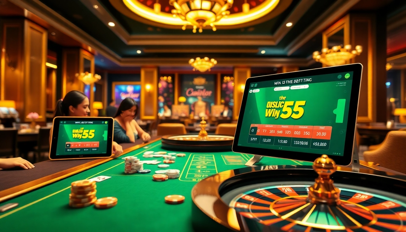 Gambling excitement at win55 com with vibrant casino tables and engaging players.