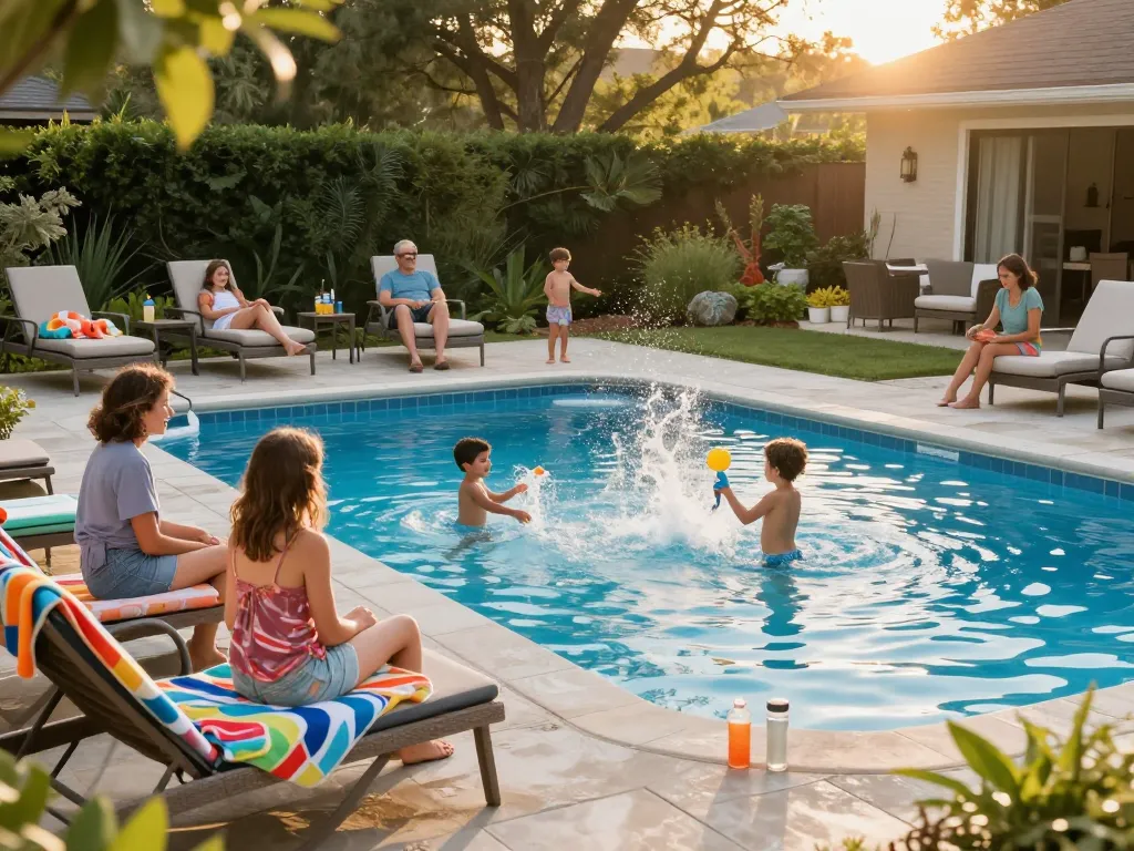 Dolphin Pool Services enhancing family enjoyment in a beautiful backyard pool area.