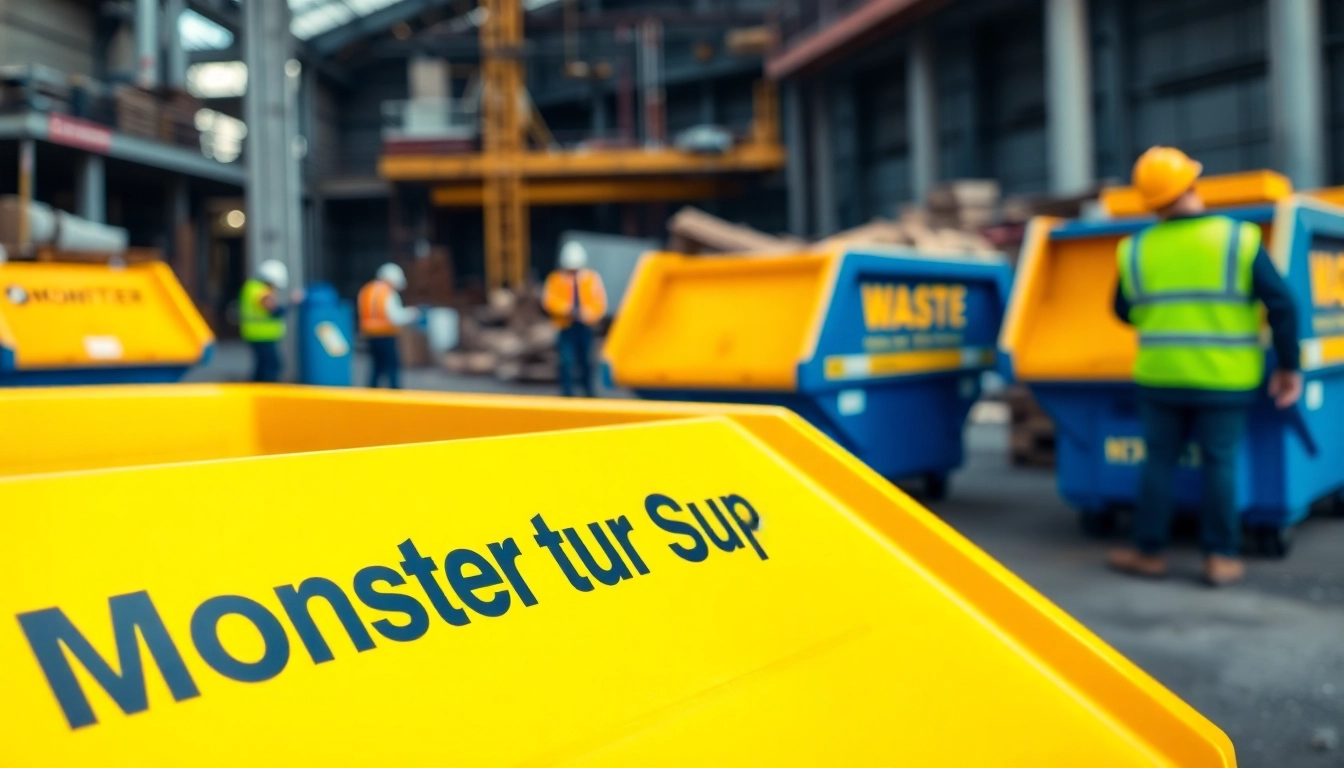 Monster Skips in an industrial setting, highlighting vibrant waste management solutions.