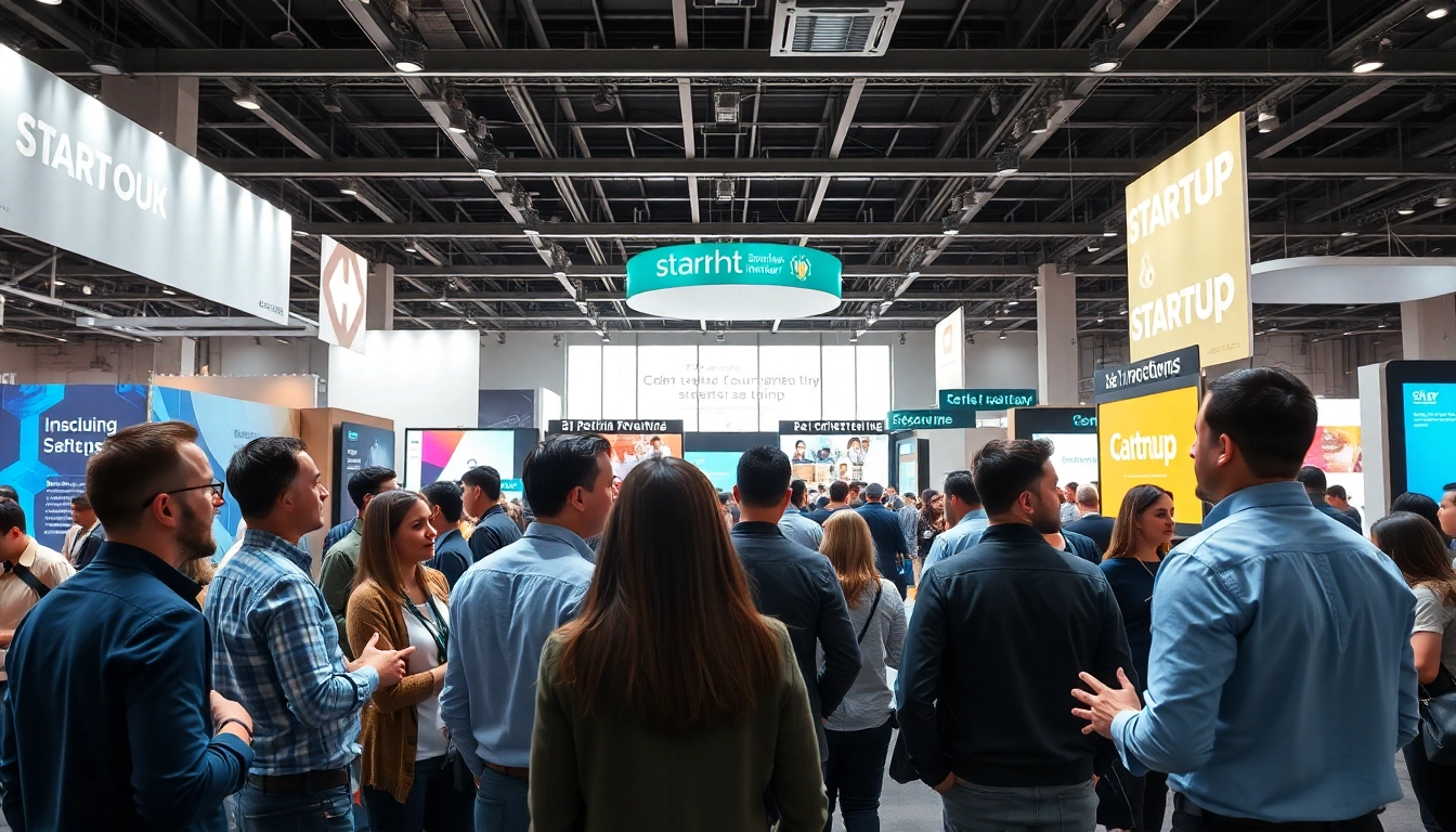Explore insights at a vibrant startup innovation conference with diverse attendees networking.