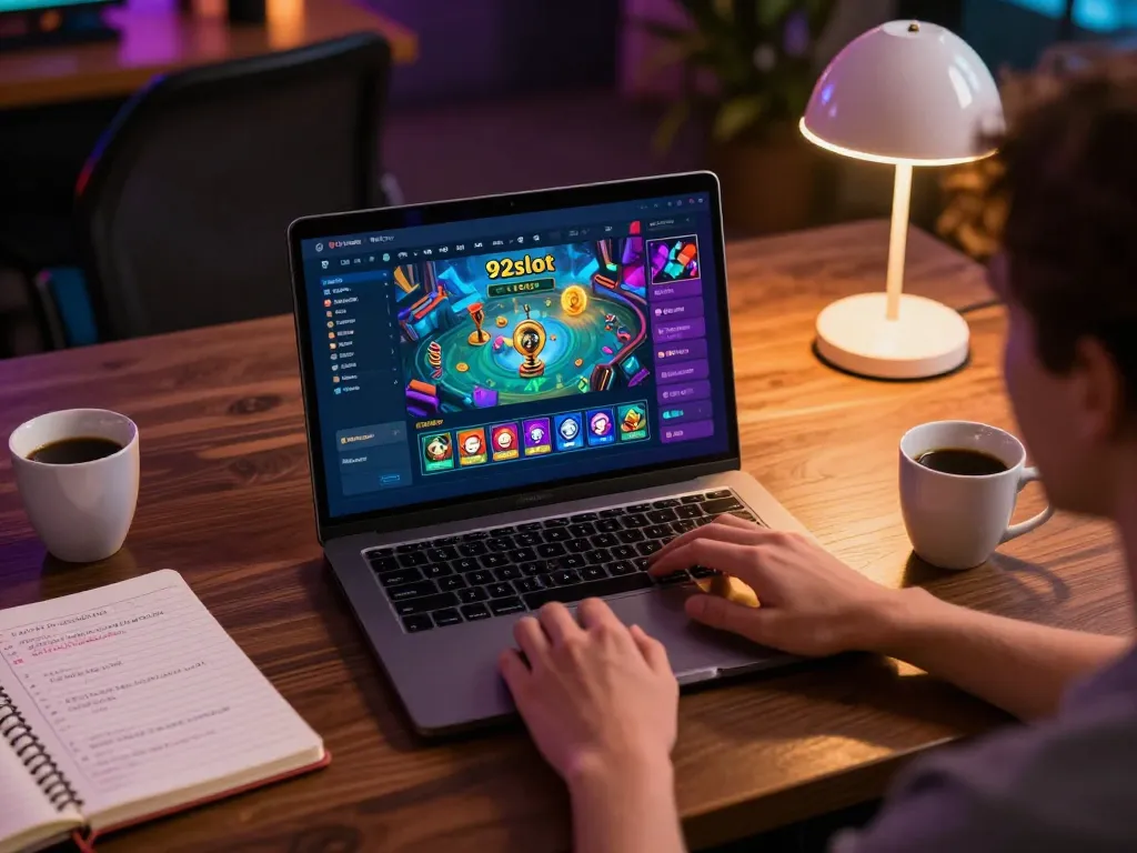 Engaging gameplay on 92slot displayed on a laptop in a cozy home setting.