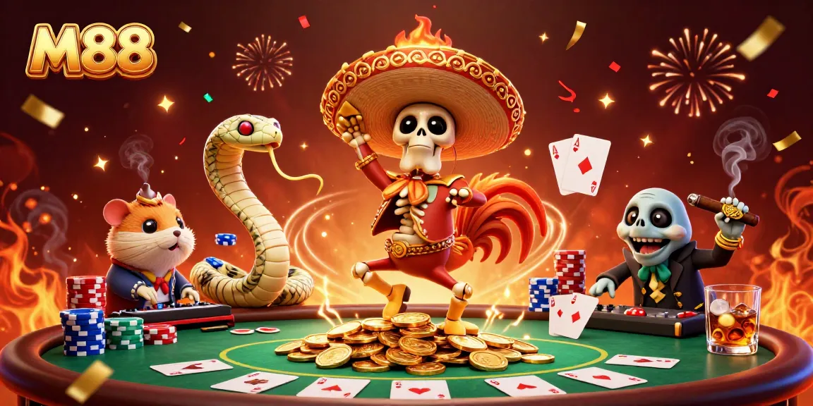 M88 showcases a lively victory dance scene with vibrant characters over poker elements, celebrating wins!