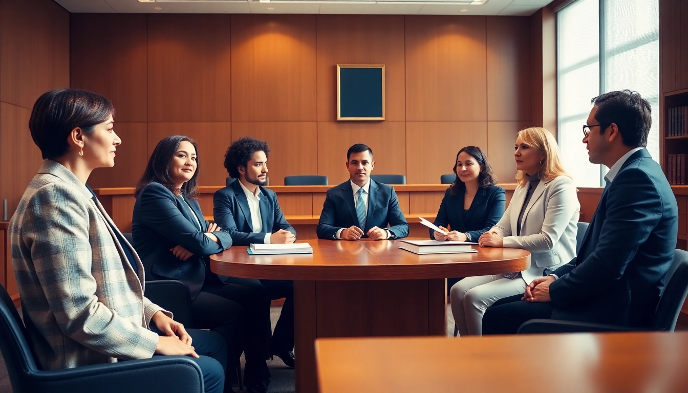 USA lawyers collaborating in a modern courtroom setting, showcasing diversity and professionalism.
