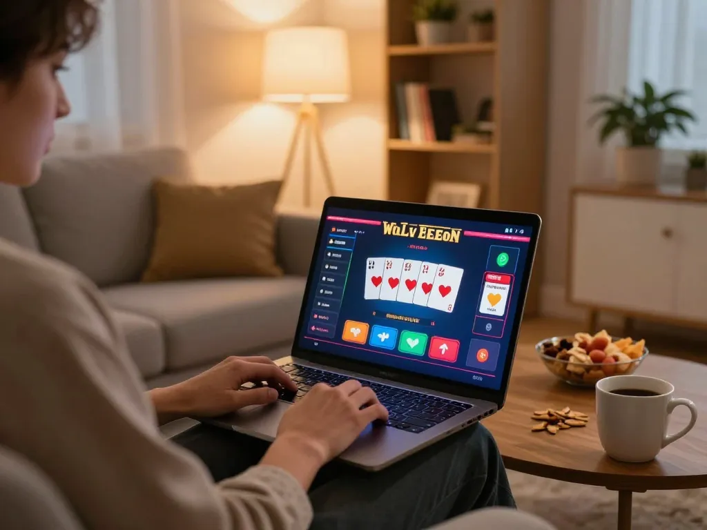 Trò chơi poker trực tuyến thú vị với link m88 không bị chặn hiển thị trên màn hình trong một phòng khách ấm cúng.