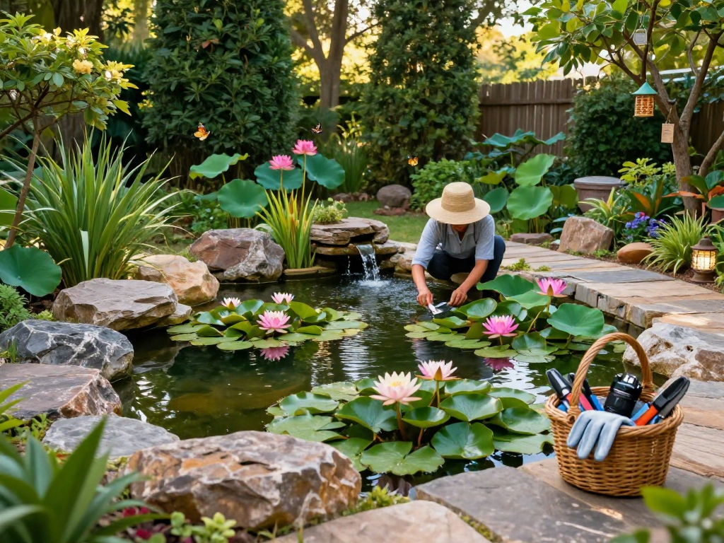 Pond plants thriving in a tranquil garden, with a gardener nurturing vibrant water lilies and lotuses.