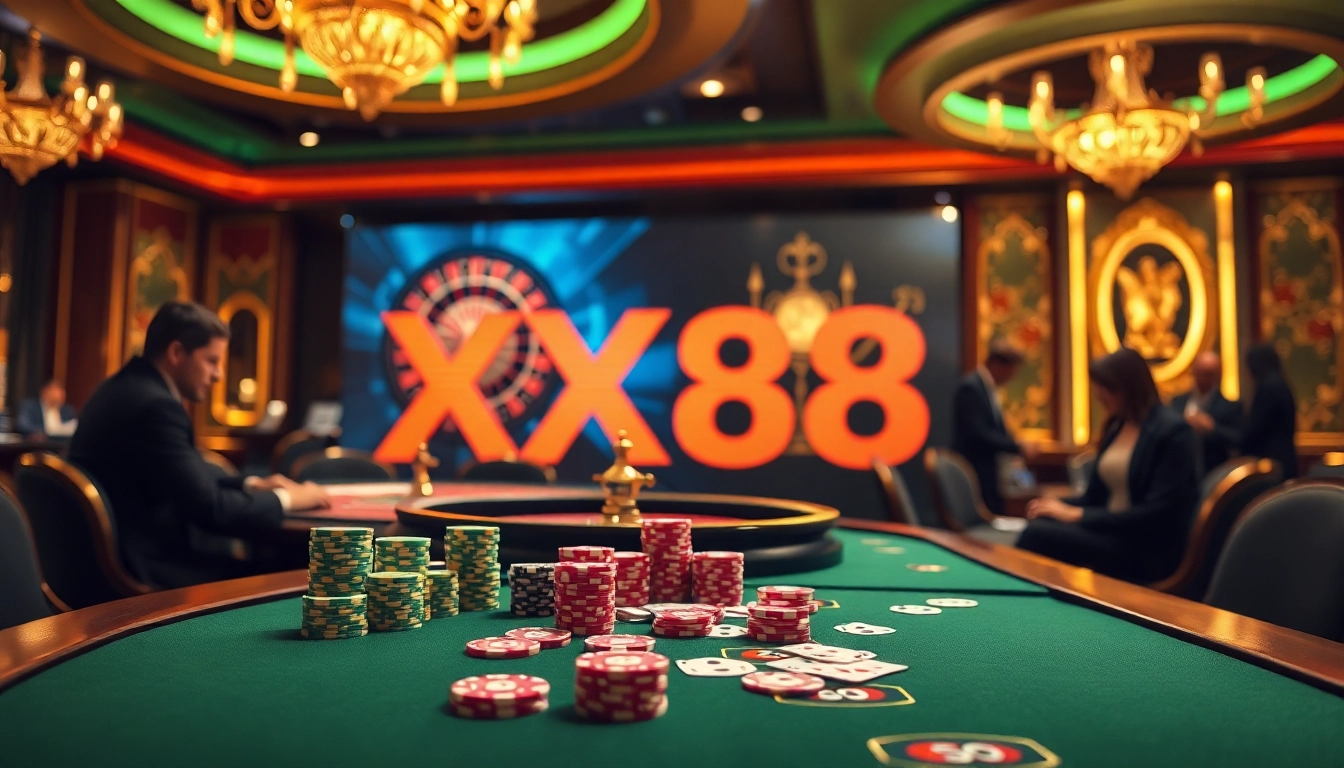 Gambling excitement at XX88 with poker chips and roulette wheel in a luxurious casino setting.