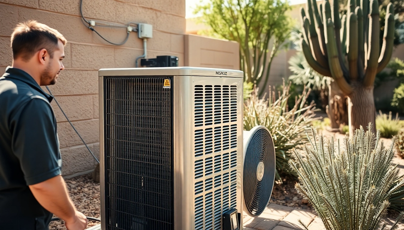 Technician servicing Scottsdale AC unit in a sunny residential backyard.