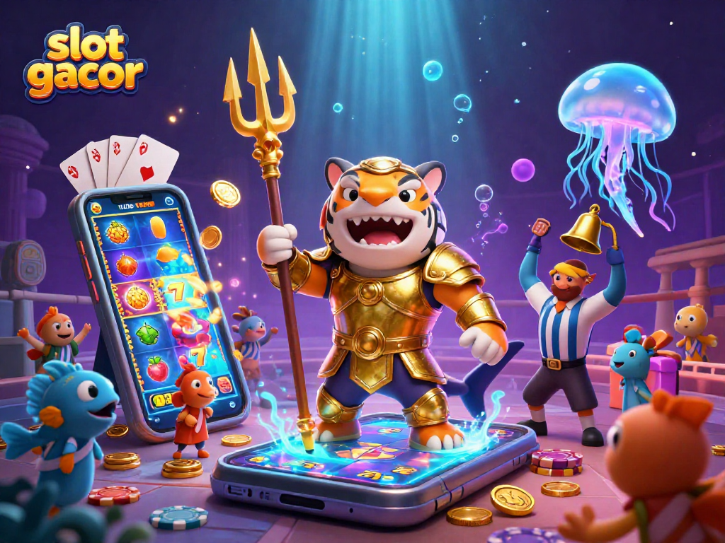 Menangkan slot gacor dengan ilustrasi hiu kartun 3D mengesankan yang berada di arena bawah laut.