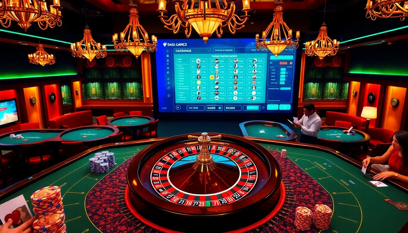 Expérience passionnante de casino en ligne mettant en avant une roue de roulette, des tables de poker et une atmosphère de casino vibrante