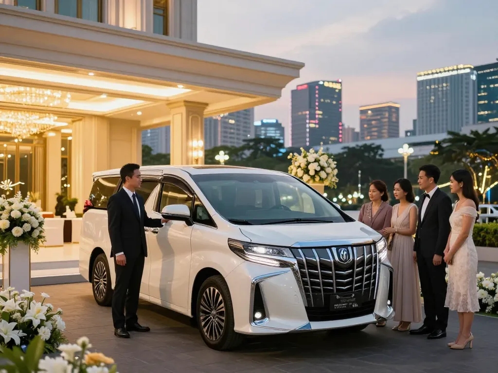 Toyota Alphard sang trọng cho thuê xe Alphard tại Hồ Chí Minh, thể hiện sự thanh lịch trong một buổi tối tại thành phố Hồ Chí Minh.