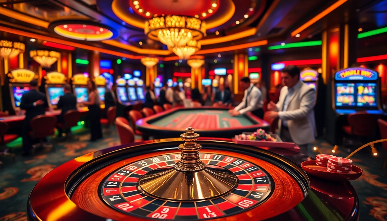 Experience the excitement of TR88 in a luxurious casino setting with roulette tables and vibrant lights.