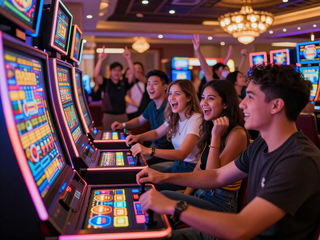 Group of friends excitedly playing on a slot server luar negeri at a vibrant casino.