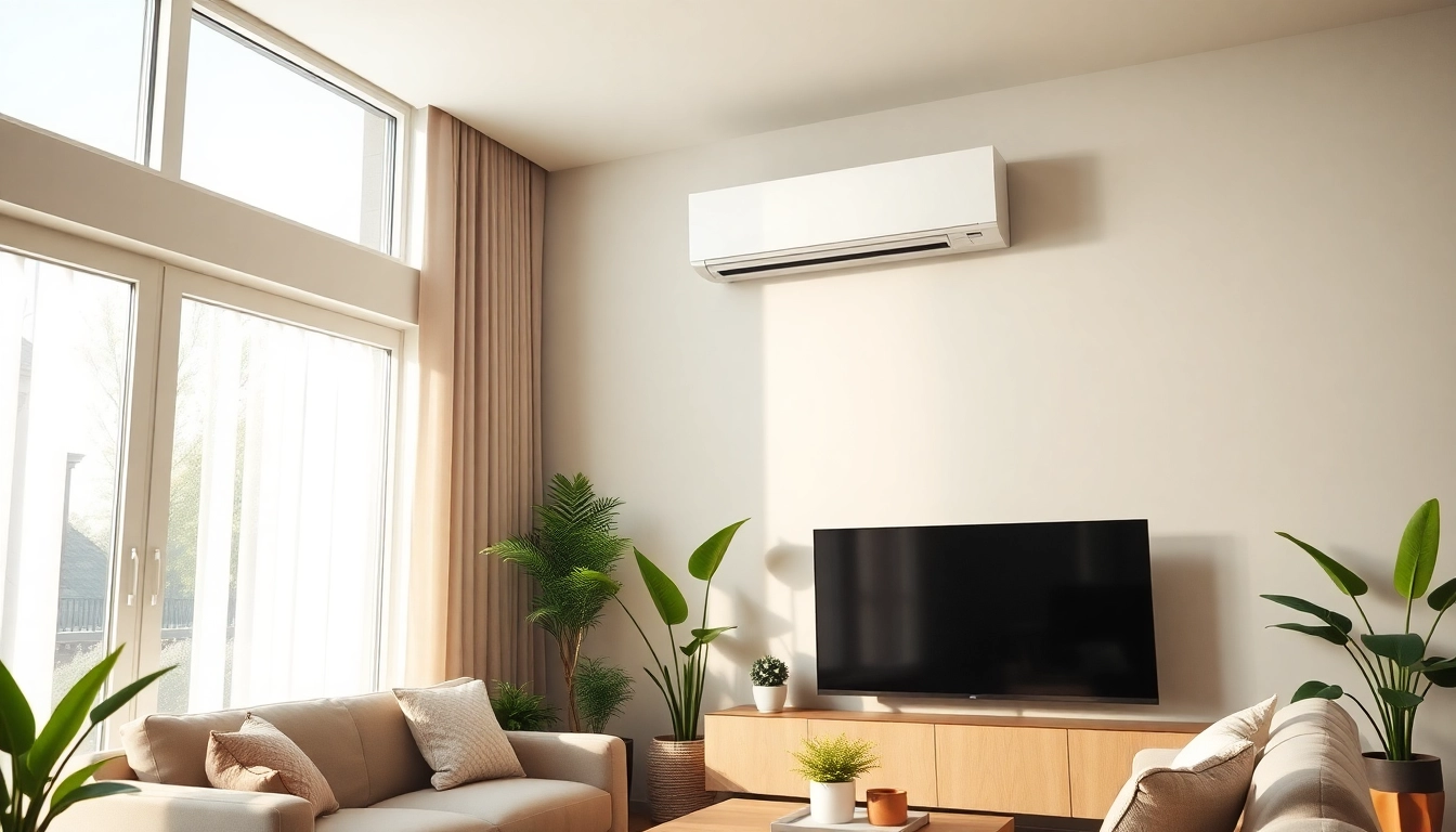 Install mini split ac in a stylish modern living room with natural light and greenery.