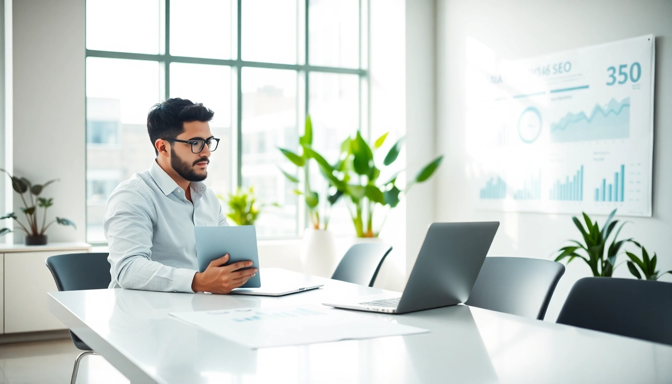 Analyze SEO Rank Tracker performance metrics in a modern office setting.