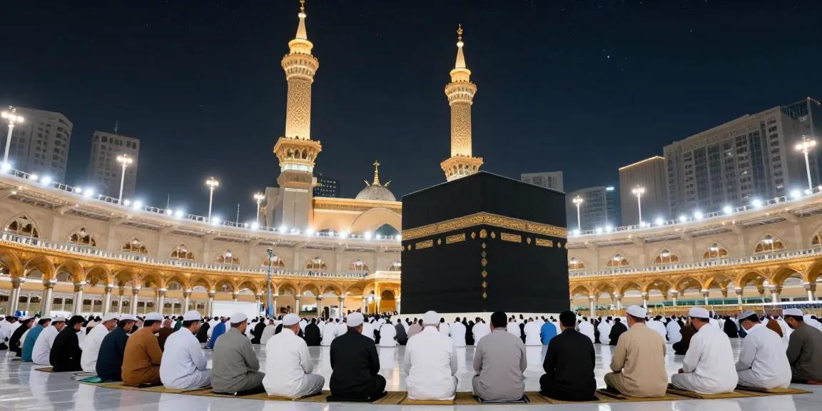 Umroh Itikaf experience in Masjid al-Haram, pilgrims engaging in prayers within a sacred travel environment, showcasing cultural tourism.