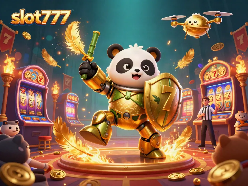 Putar slot777 di arena kasino yang menegangkan dengan panda dan robot, dikelilingi koin emas.