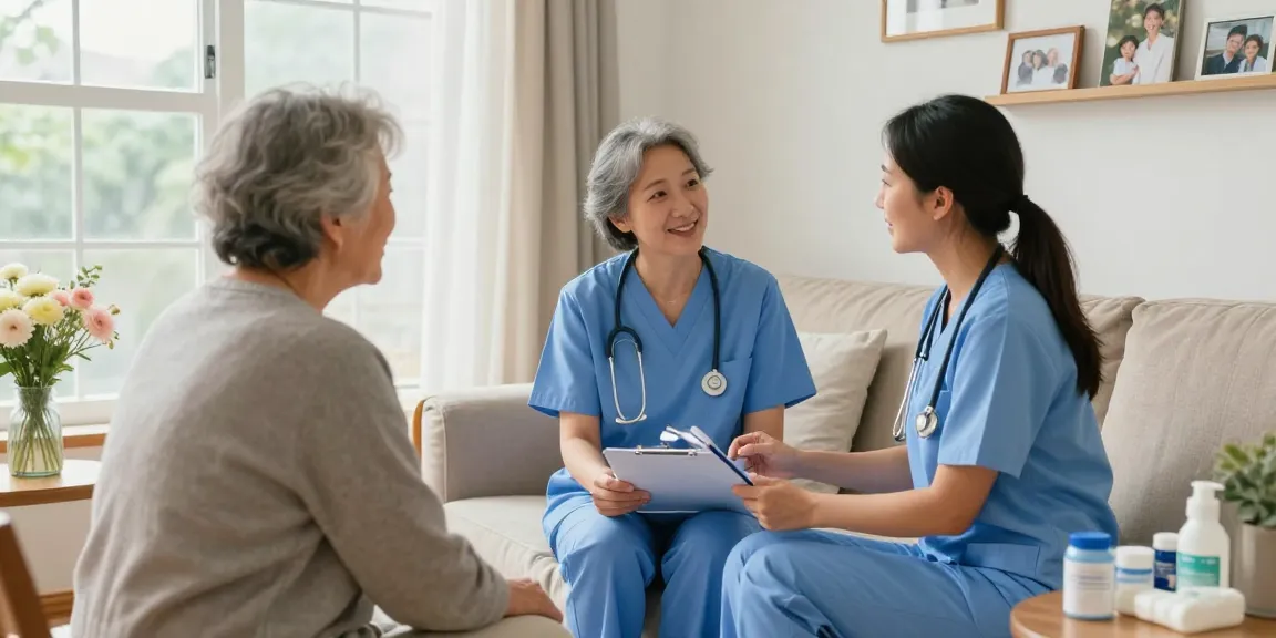 Home care service welcoming a bonus new member with a compassionate nurse and elderly couple in a cozy setting.