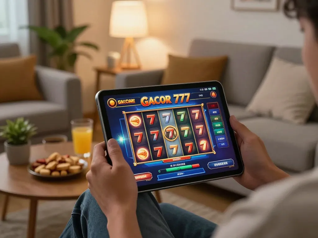 Engaging gameplay on tablet featuring slot gacor 777 game interface in a cozy home setting