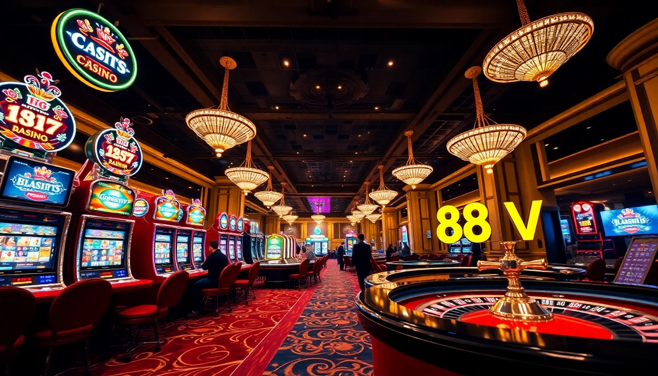 Gambling excitement at https://88vv.com.de/ with vibrant slot machines and poker tables.
