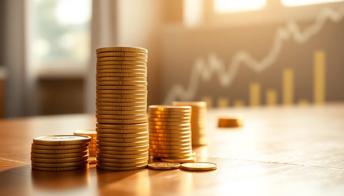 Calculate gold investment potential with gleaming gold coins on a wooden table.