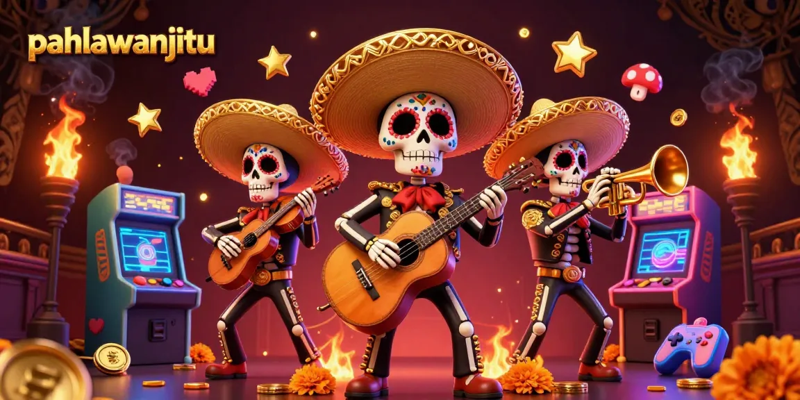 Pahlawanjitu showcases a vibrant 3D illustration of a Mexican mariachi band amidst glowing gaming elements, celebrating online gambling.