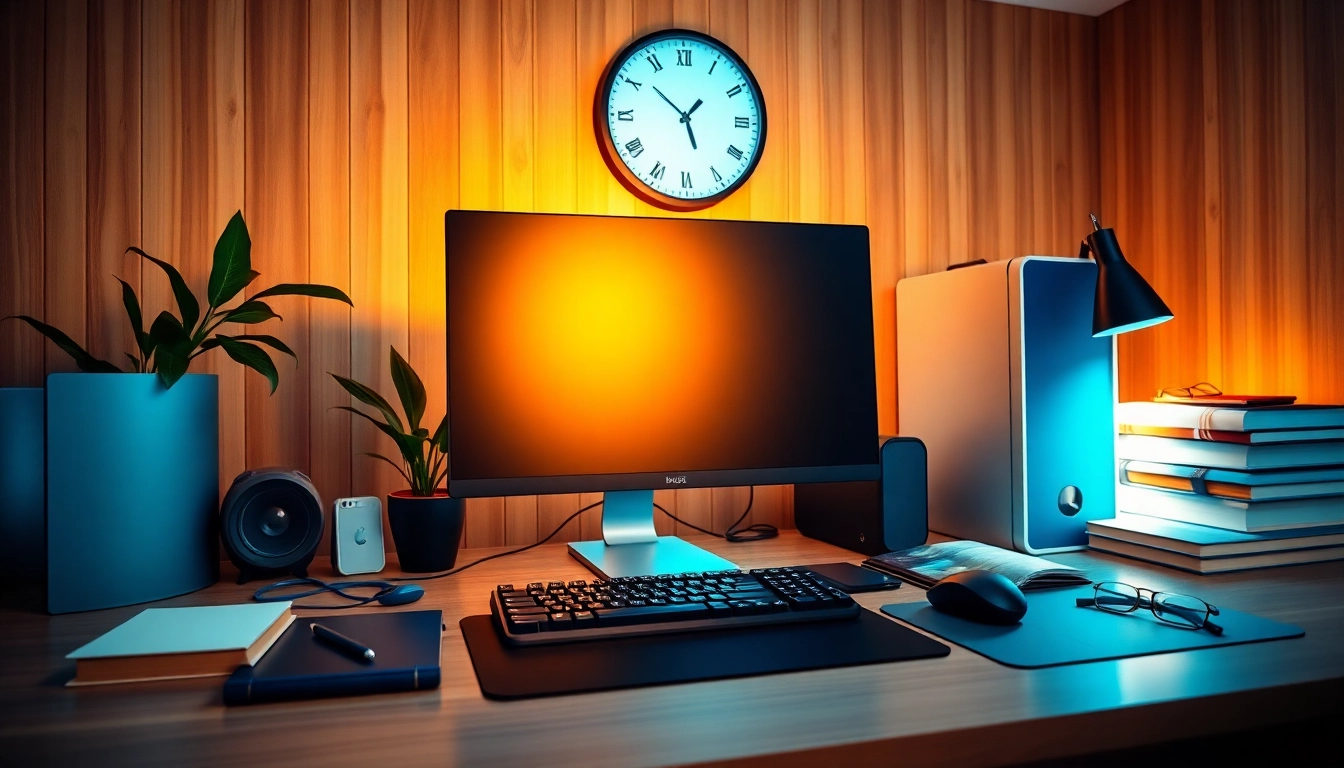 Komputery PC na nowoczesnym biurku z wydajnymi akcesoriami technologicznymi.