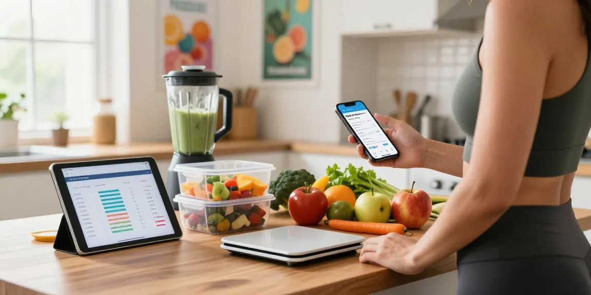 Using the best macro tracking app in a bright kitchen filled with fresh ingredients and motivating elements.