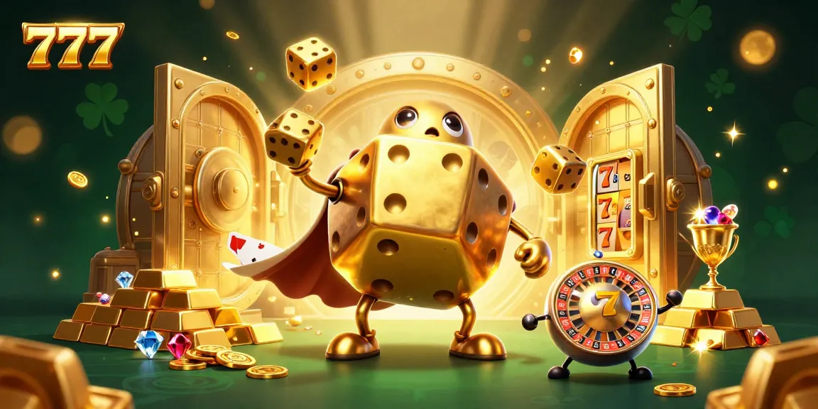 Engaging 777 casino scene with golden dice golem, slot reels, and sparkling treasures.