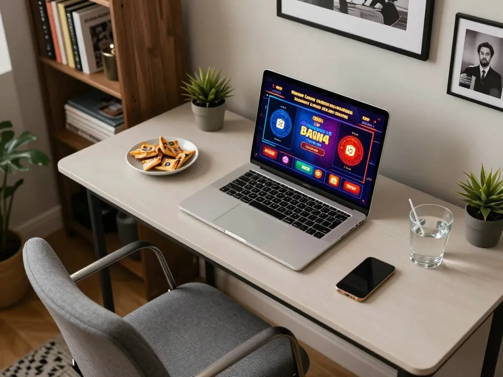 Engaging online casinos Canada gaming session on a laptop at home, showcasing colorful game interface and strategic setup.