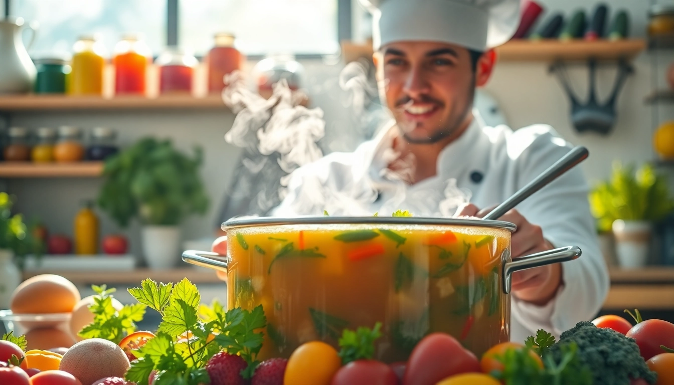 Chef creating delicious Word Soup with fresh vegetables and herbs in a vibrant kitchen.