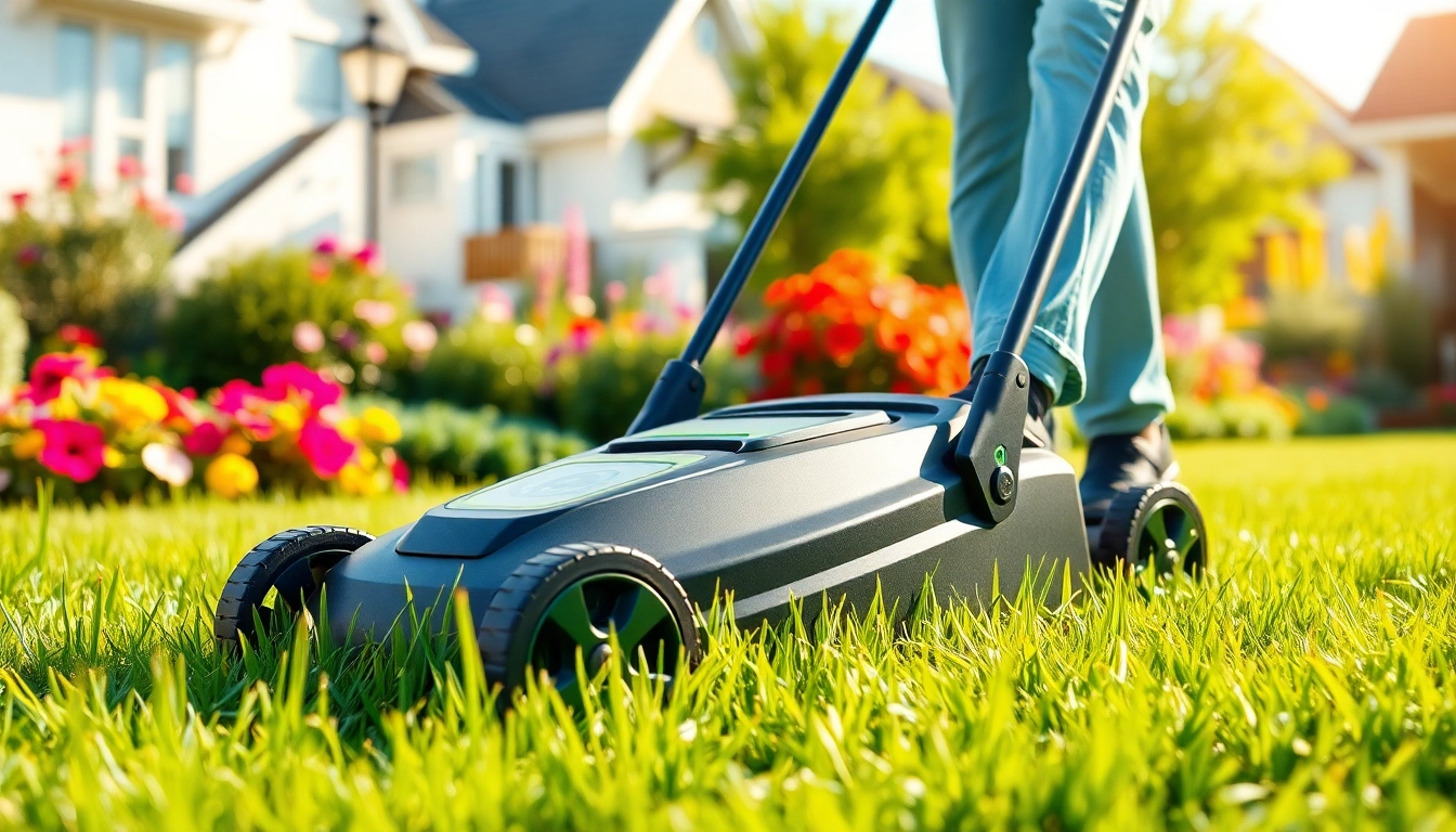 Electric lawn mower cordless cutting grass in a sunny suburban garden
