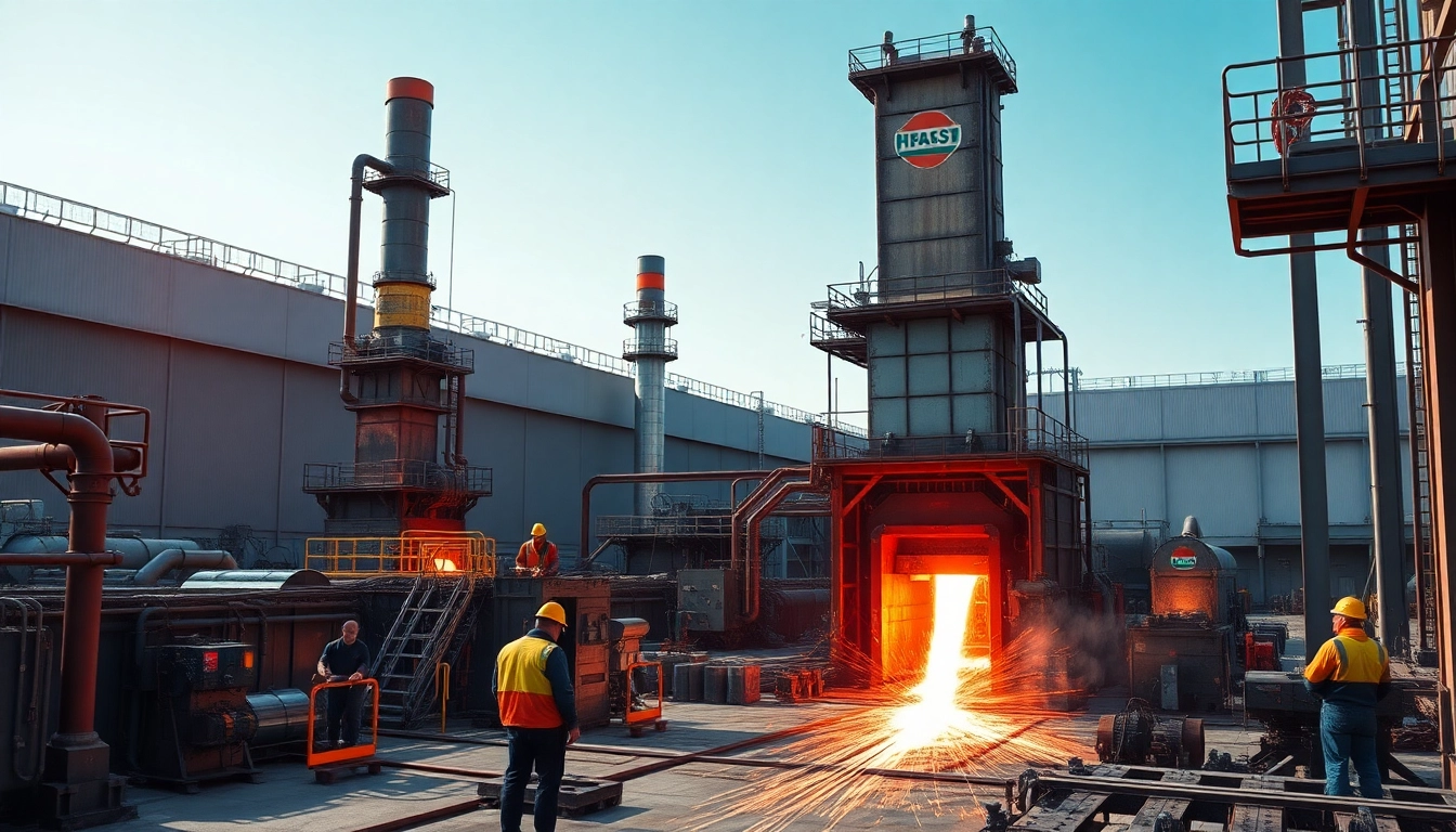 View of a modern steel mill showing workers and production processes in action.