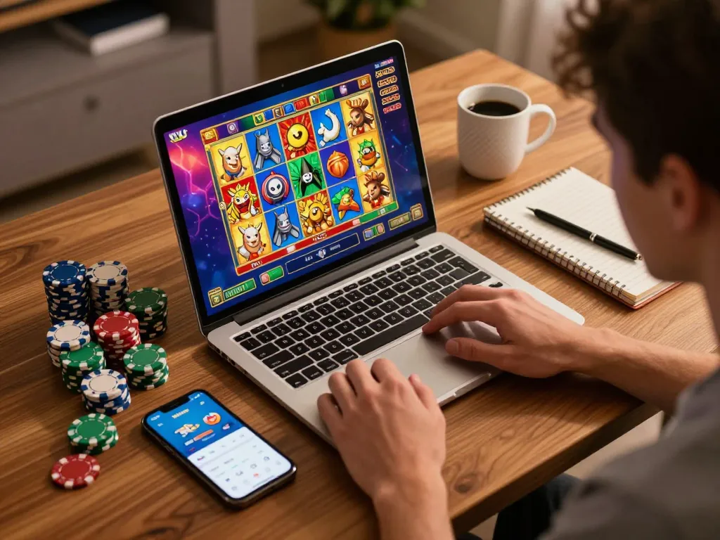 Engaging player using okwin app during an exciting live dealer slot game in a cozy home atmosphere.
