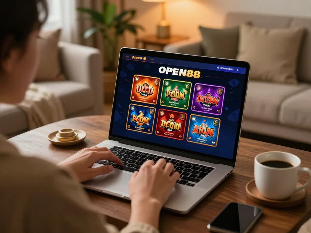 Experience Open88 online gaming with cozy home setup, laptop displaying vibrant casino games.