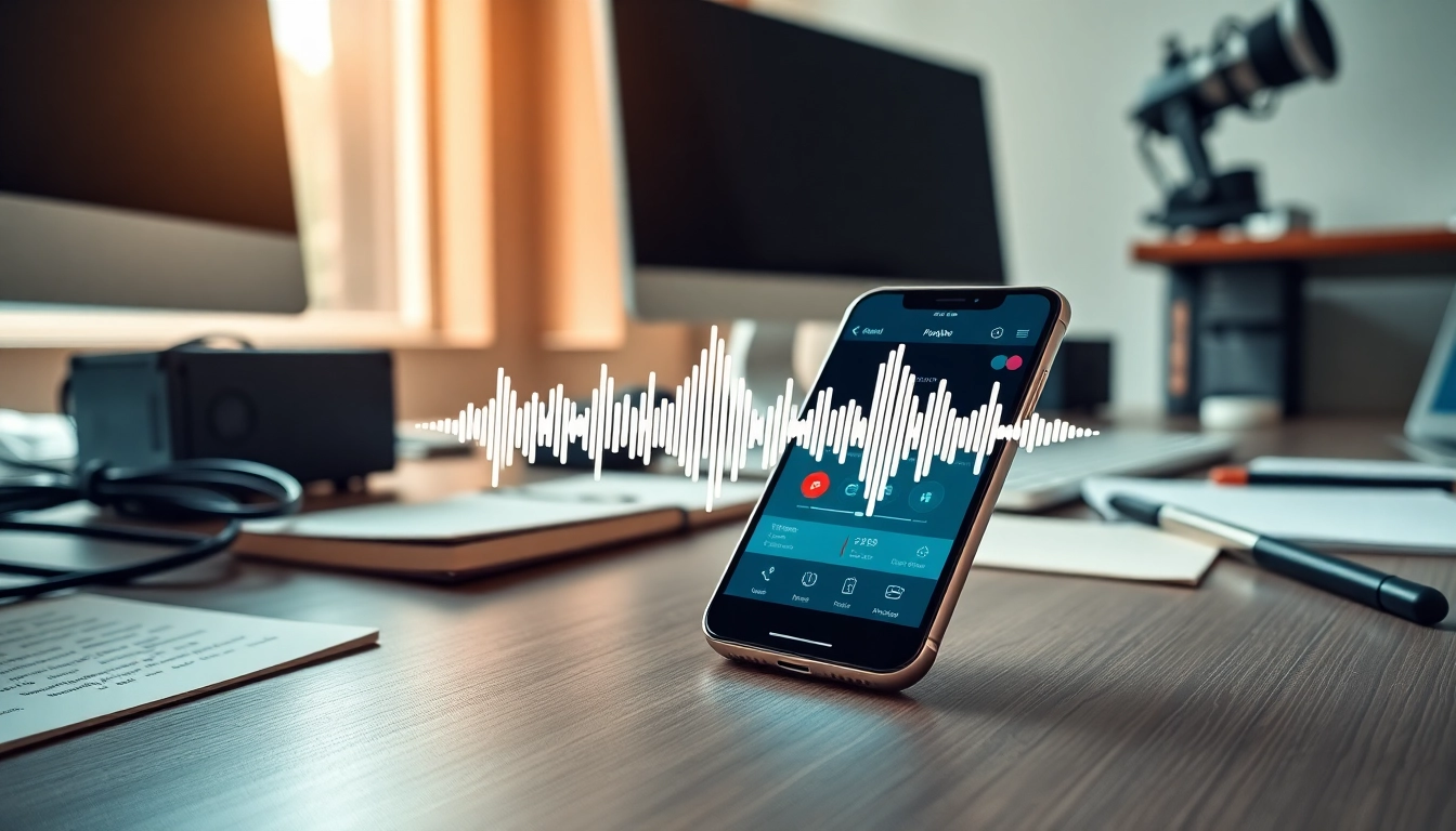 Capture call recording interface on a smartphone with a modern desk setting.