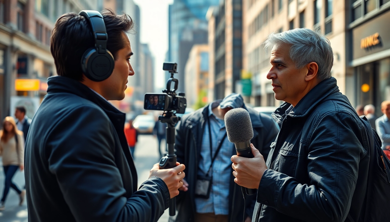 Journalist reporting on the latest news with a dynamic urban backdrop.