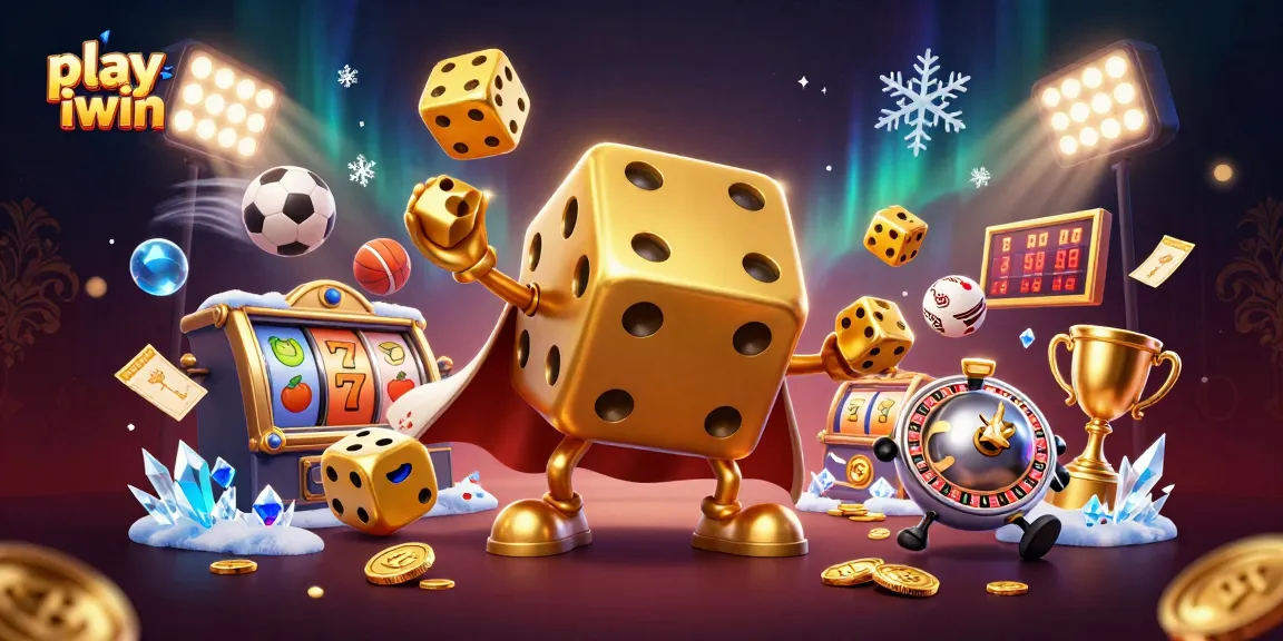 Play iwin with a dynamic scene featuring a golden dice golem, casino elements, and sports balls.