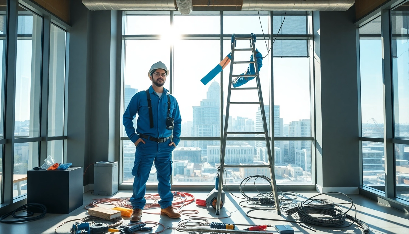 Commercial electrician Vancouver demonstrating wiring in a bright office with tools and city view.