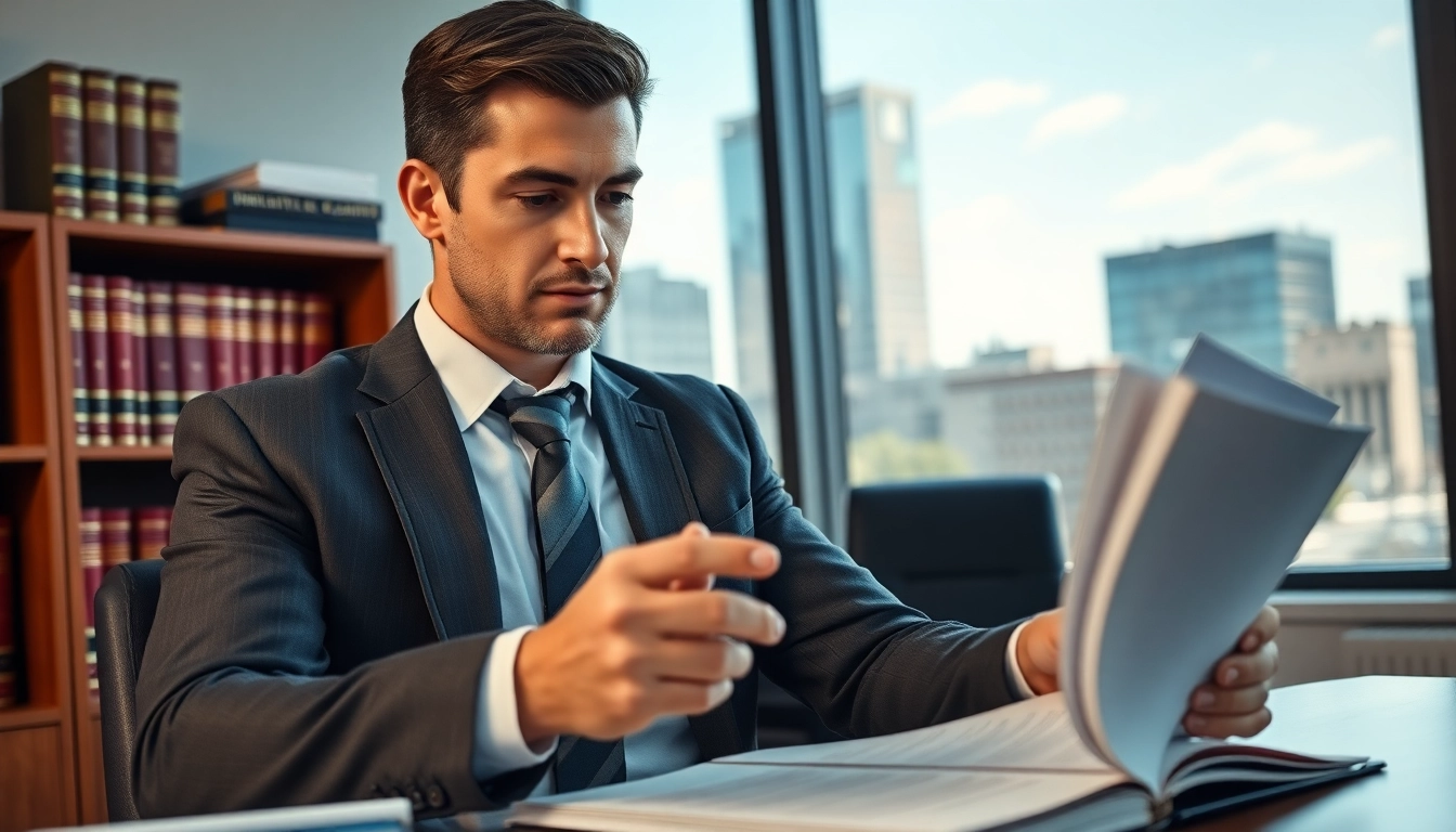 Houston Personal Injury Attorney diligently reviewing legal files in a professional office environment.