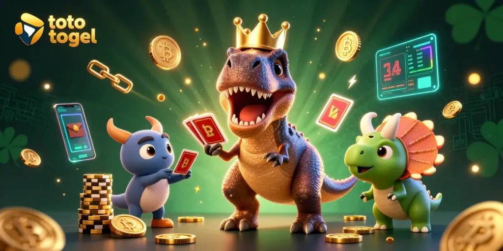 Permainan toto togel menampilkan T-Rex mengocok kartu dengan bantuan pterodactyl di tengah chip emas.